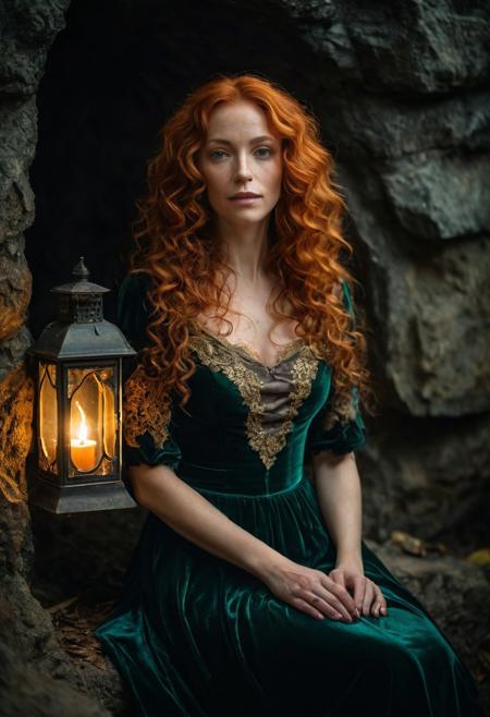 A night time photo of a beautiful woman, 50 years old, with long curly orange hair with gray highlights. and freckles, wearing a dark green velvet Victorian dress with gold lace, sitting alongside a natural spring in a dark cave lit by Victorian lanterns, full body view. in the style of ilya kuvshinov and range murata and artgerm. shallow depth of field, vignette, highly detailed, high budget, bokeh, cinemascope, moody, epic, gorgeous, film grain, grainy, dark shadows, DarkFantasy, photo, cinematic,