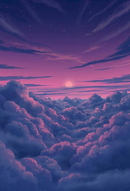 "Vertical 9:16 cinematic anime sky, ultra-detailed 4K, mysterious swirling clouds in layered formations, painted in rich violet, deep indigo, and midnight blue tones. Subtle gradients blend seamlessly into each other, evoking a twilight-to-night transition. Wisps of translucent mist drift between the layers, catching faint silver and lilac glows from a hidden moon.
Cel-shaded anime style with watercolor textures, strong edge detailing and layered depth. Some clouds have soft internal light — as if glowing faintly from within. The background shows a distant fading galaxy band, with scattered tiny stars peeking through high-altitude cloud gaps. Motion-ready parallax layout: clear separation between lower stormy cloud banks, middle-layer glowing mist, and high cirrus patterns. Gentle cinematic bloom on highlights, perfect for depth-based animation or a dolly shot."