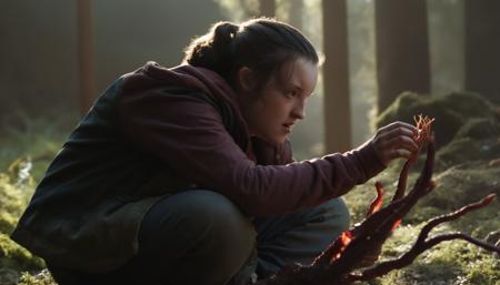 cinematic film still a chilling (ohwx:1.2) girl As Ellie, examining a fallen infected, the cordyceps tendrils bursting out of its skull., Hair slicked back with sweat, capturing the horror of the situation., <lora:bella_ramsey_sdxl:1> . shallow depth of field, vignette, highly detailed, high budget, bokeh, cinemascope, moody, epic, gorgeous, film grain, grainy