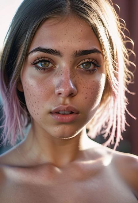 Fujifilm XT3 RAW photo of naked emo girl in a close-up portrait with a low camera angle. The masterpiece shot captures her looking up from the ground. The hyper-detailed image highlights her athletic physique, with a seductive expression and eye contact. The young woman's detailed face, tan skin, and Egyptian complexion add photorealistic charm. Moody expressions, shadows, and sunrise lighting create a cinematic atmosphere. The close-up reveals her small breasts, cum on tits and face:2. Cinematic lighting accentuates gorgeous eyes and an open mouth. The beautiful woman, 21 years old, has white, layered hair and a tiny, cute nose. Torpedo breasts with realistic nipples, small areolas, and cum details on tits and face contribute to the intimate composition. Tiny freckles, detailed skin, and pastel colors enhance the aesthetic. Makeup, lip gloss, mascara, and eyeliner highlight her features. The image showcases a small waist, big ass, and fit body with goosebumps, hinting at athleticism. The photograph, shot with an 85mm lens at f/1.4, exhibits a cinematic depth of field, sharp focus, and film grain. Golden hour lighting and intricate details make it a high-quality masterpiece.