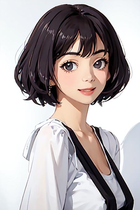 elaizaikedareal, ((masterpiece)), 1 girl, upper body, looking at viewer:1.6, (portrait:0.6), smile, short hair, black hair, black eyes, white shirt, medium breasts, (white background),  <lora:elaizaikedalora:1>,