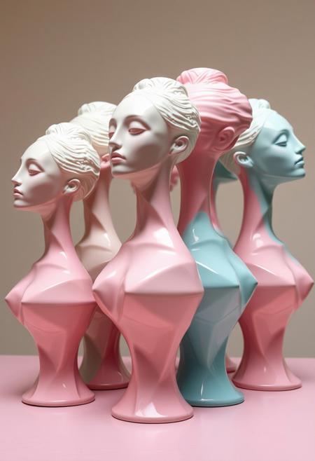 CERAMIC PSYCHEDELIC ABSTRACT IMPRESSIONIST SCULPTURE OF 9 ONLY BALLET DANCERS HEADS AND TORSOS SHAPED MILK JUGS, ELEGANT, AMORPHIC, GEOMETRIC, ELEGANT, GIANT HEADS. PINK AND TEAL, ELEGANT, AMORPHIC, GEOMETRIC, SITTING ON A TABLE, THOUGHT PIECE, MODERN, 8K, HIGH RESOLUTION, SHALLOW DEPTH OF FIELD, SHARP FOCUS