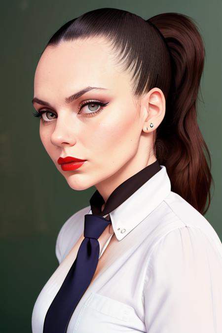 photo of a woman, dafnek-5352:0.99, ((pale skin):1.1), ((dark brown hair, ponytail):1.1),((shirt, necktie):1.2), ((classroom, chalkboard):1.2), ((red lipstick, eyeliner, eye shadow, blush)), ((best quality, masterpiece, extreme details, high resolution):1.2),((detailed eyes, beautiful eyes, detailed face, beautiful face):1.2), ((closeup, portrait))