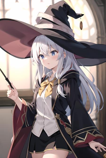 (masterpiece, best quality, highres),
<lora:elaina_v06:0.8>, elaina, hat, witch hat, solo, robe, black robe, wand, holding, holding wand, hair bundle, yellow hair band, braid, hair bow, open robe, white shirt, neck bowtie