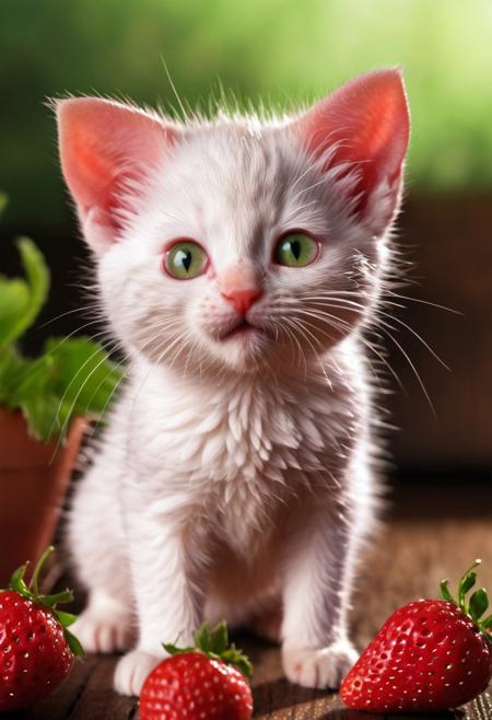 Create an image of a whimsical creature that resembles a small Kitten and mouse with the texture and color of a ripe strawberry. The creature's body and face are covered in strawberry red, with characteristic seed-dotted skin. It has green leaf-like structures mimicking ears and a ruff around its neck, as if the top of a strawberry was placed on its head. This kitten-like entity has round, innocent eyes, a small pink nose, and delicate white whiskers. Its pose is seated, with one paw slightly raised as if it were about to take a gentle step, and its tail curls behind its body, appearing plump and strawberry-like as well. Surrounding the creature are actual strawberries of a similar shade of red and with green caps, scattered on a glossy wooden surface. In the soft-focused background, hints of indoor plants in shadows create an almost ethereal setting. The overall atmosphere is quaint and charming, evoking a sense of magical realism.