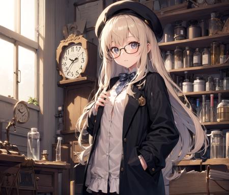 masterpiece, best quality, looking at viewer, clock, 1girl, beret, long hair, room, test tube, workshop, hands in pockets, glasses,