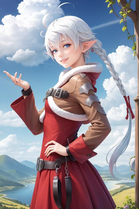 masterpiece, best quality, 1girl, alisaie, single braid, hair ribbon, brown jacket, red dress, fur trim, belt, upper body, hand to hip, hand up, smile, closed mouth, sky, from side, clouds, vines, cliff, hills <lora:alisaie-nvwls-v1-000012:0.9>