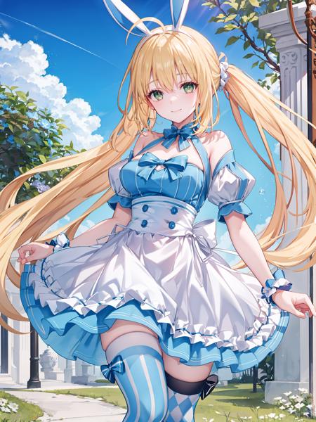 very long hair, blonde hair, ahoge, green eyes, forehead mark, blue bow, hair bow, detached sleeves, cleavage, one-piece swimsuit, high heels