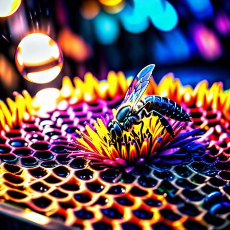 (RAW photo,  best quality),  (realistic,  photo-Realistic:1.3),  best quality,  masterpiece,  beautiful and aesthetic,  16K,  (HDR:1.4),  high contrast,  (vibrant color:1.4),  (muted colors,  dim colors,  soothing tones:0),  cinematic lighting,  ambient lighting,  sidelighting,  Exquisite details and textures,  cinematic shot,  (Bright and intense:1.2),  wide shot,  full image shot,  centralized "upper view",  around each honeycomb side other  similar contiguous unfocused,  no ONE BEE on image