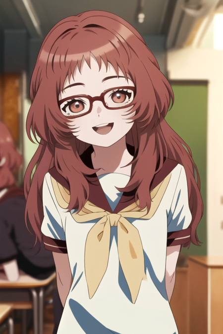 masterpiece, best quality, mie-san, red hair, looking at viewer,  glasses, school uniform, upper body, arms behind back, long hair, smile, open mouth,