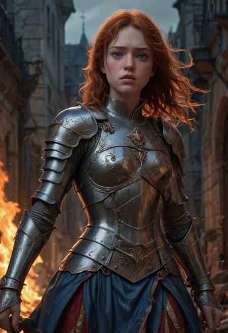 High resolution ultra-realistic of Beautiful Warrior Sadie Sink as Joan of Arc, 8k, capturing the intensity of the moment, cinematic lighting, standing on a bloody and stormy battlefield in bloody battle, wavy red hair, realistic dirty pale face, realistic blue eyes,  beautiful hourglass figure, burning in a medieval Town, intricately designed iron and silver armor, red mini skirt, Dark Ages Aesthetic, perfect athletic figure, beautiful Warrior Joan of Arc, fire, ultra realistic, cinematic style, vigorous and seductive, athletic figure, dark fantasy, dramatic lighting, wet and sweaty skin, dirty skin, athletic figure, dark fantasy, dramatic lighting, Greg Rutkowski style,, Warrior Joan of Arc on in iron armor, hyper-detailed, hyper-realistic, bright colours, Attractive 21 old years girl, Attractive, beautiful firm Breasts, sharp focus, digital painting, Photograph Taken on Nikon D750, Alphonse Mucha, 8K, athletic figure, Hyperdetailed, hyperrealism, Attractive, Attractive bust girl, asymmetric balance