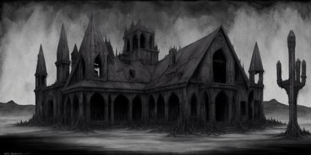 <lora:concept art-v1.0:1> Dark Surrealism, Sinister Raven, Desolate Desert, Moody and Contrasting Colors, Dramatic Play of Light and Shadows, Eerie Atmosphere, Decaying Architecture, Rough and Weathered Textures, Angular and Distorted Shapes, Tension-Filled Composition, Symbolic Imagery, Sense of Dread, Ink Washes and Ink Pen Detailing, Mythical Creature of Nightmares, Twisted Flora, Celestial Moon, Mysterious Fog, Witching Hour, Haunting Vibe, Veil of Uncertainty
