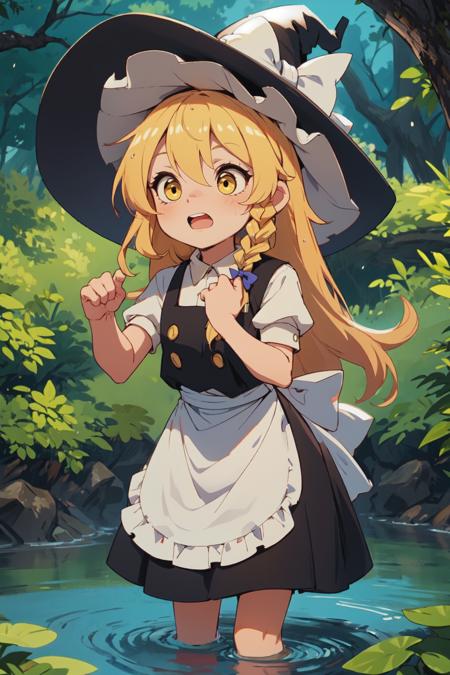 chibi, kirisame marisa, blonde hair, side braid, waist apron, witch hat, hat bow, yellow eyes, superb, looking down, splashing in a stream, nature, outdoors