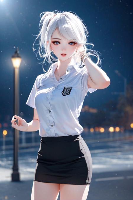 (photorealistic:1.4),(extremely detailed CG:1.2), (masterpiece:1.2), (best quality:1.2),background,absurdres,cowboy shot,(18 year old girl),\(white hair:1.3)\,(pony tail hair),(thai university uniform),\(white short arm  shirt:1.2\),\(black short skirt:1.3\),(tight skirt),dynamic pose
,standing,(night time:1.3),(beautiful detailed hair),(highly detailed hair),(beautiful detailed eye),(highly detailed eye),<lora:thai university-3:1>