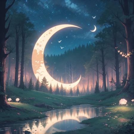 tsukimi, Irresistible theme, tree, crescent moon, moon, scenery, sky, night, nature, star (sky), grass, flower, outdoors, forest, starry sky, bird, no humans, glowing<lora:tsukimi-000007:1>