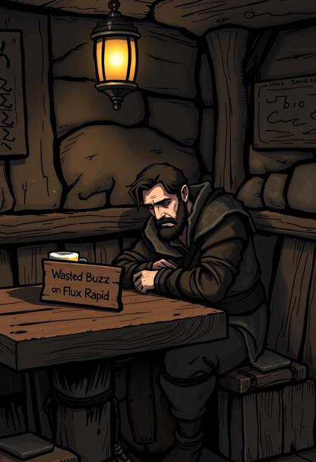 A sad adventurer sitting at a corner table in a medieval tavern, staring at his beer glass, with a wooden sign on the table that reads "Wasted Buzz on Flux Rapid"