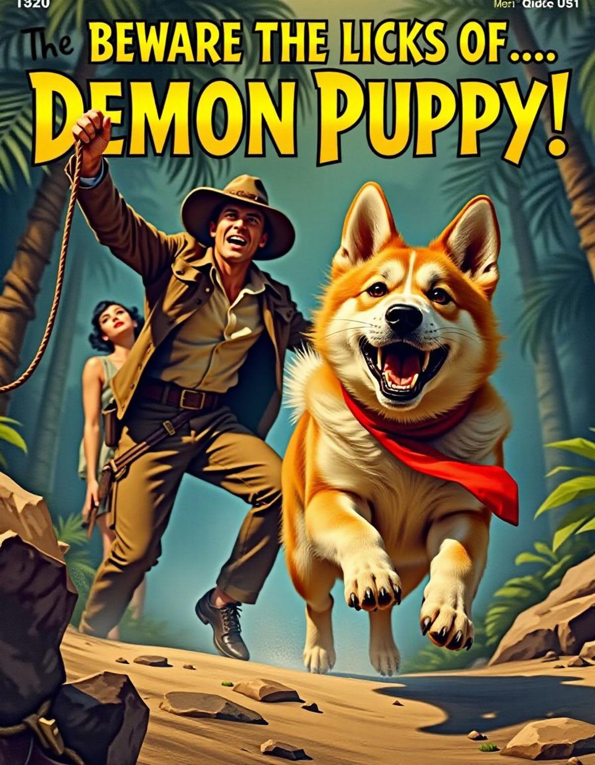 epic cinematic shot of dynamic hyperrealistic art 1930s pulp magazine cover, top of frame has title "Beware The Licks of ... The Demon Puppy!" in dramatic 1930s action font, a frantic looking man dressed as an explorer is holding up a leash to prepare to defend himself against a gigantic friendly looking puppy who happily running towards him while a gorgeous girl in an impractical 1930s dress and heels crouches behind the man , jungle, high angle shot from behind , 1930s style pulp art . extremely high-resolution details, photographic, realism pushed to extreme, fine texture, incredibly lifelike in motion. main subject of high budget action movie. raw photo, motion blur. best quality, high resolution