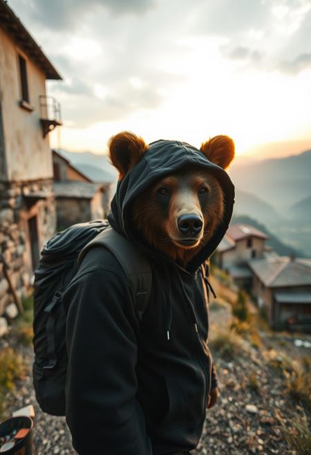 Closeup of an anthro grizzly bear urban explorer wearing a black hoodie walking through an abandoned italian village on a mountainside during early morning. The bear is carrying a backpack with a sleeping bag. The sun is rising and the slightly overcast sky has a tinge of yellow towards the horizon. Highly detailed high contrast photograph with high dynamic range and vibrant shadows and light.
