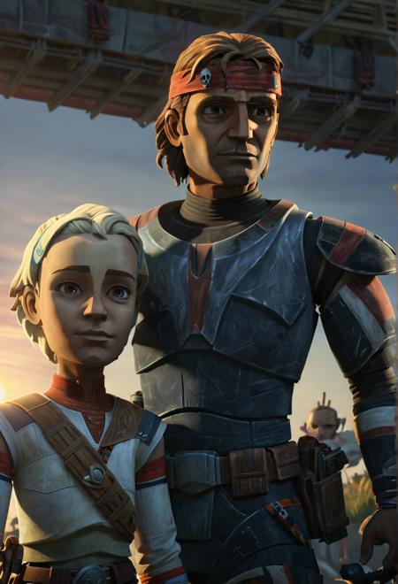 (7-hunter and 7-Omega), 1boy, 1girl, standing side by side, bandana, blonde hair and brown hair, medium close up, no armour and armour, sunset, two people, sun in background, light rays, vibrant lighting  [3d animation, animated, cartoon, anime, sharp image, realistic lighting, painting style textures, 7-BadBatch,]