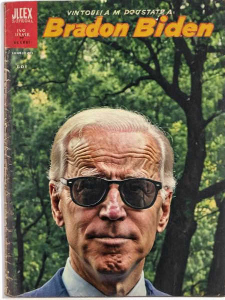 <lora:Wiz-VintageComicBookCover_v01:1.4>,  ((letters BRANDON)), Vintage comic book cover fillustration of young Joe Biden as Brandon, black sunglasses in central park, red eye