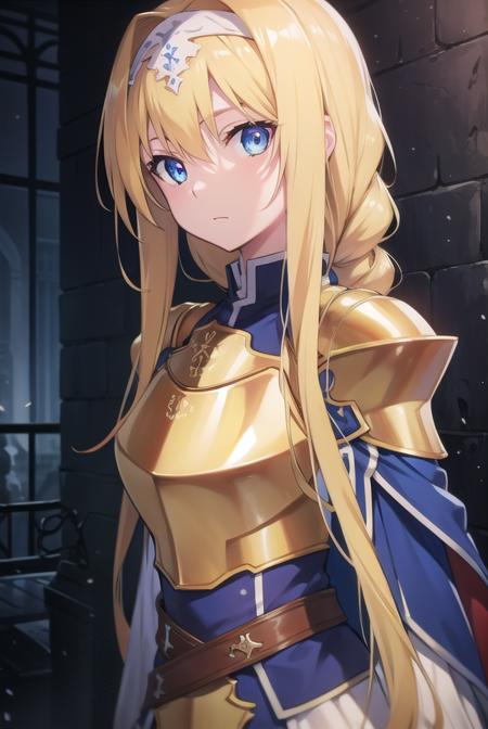 alicezuberg, <lora:alicezubergtest:1>, alice zuberg, bangs, blue eyes, blonde hair, hair between eyes, very long hair, braid, hairband, white hairband,,
BREAK dress, cape, armor, blue dress, shoulder armor, gauntlets, pauldrons, breastplate, armored dress, faulds, blue cape, knight, gold armor, body armor,,
BREAK outside, forest,
BREAK looking at viewer, BREAK <lora:GoodHands-vanilla:1>, (masterpiece:1.2), best quality, high resolution, unity 8k wallpaper, (illustration:0.8), (beautiful detailed eyes:1.6), extremely detailed face, perfect lighting, extremely detailed CG, (perfect hands, perfect anatomy),