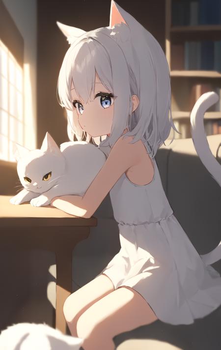 1girl, solo, 
a young girl with white hair and wearing a white dress sits on a couch, embracing a white cat, She has cat ears and a tail, showing her to be a feline creature like human, with a window letting in natural light and a bookshelf full of various books, Nearby, one can see a cup placed on a table, depth of field, blurry foreground, blurry background,
masterpiece, best quality, absurdres, recent, newest, safe, sensitive