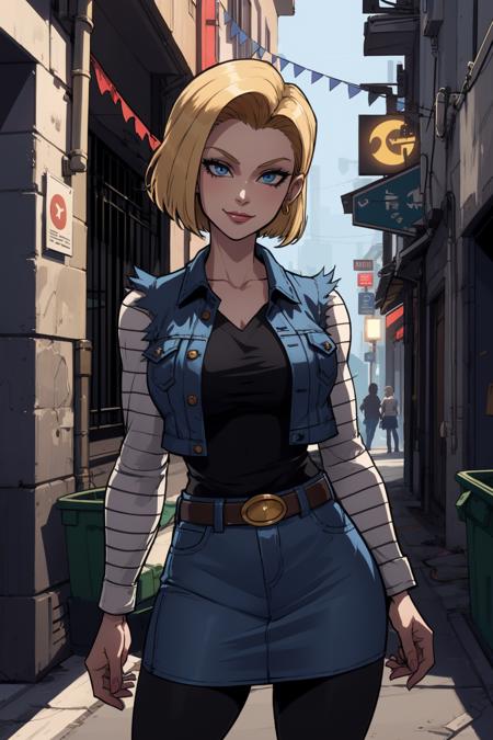 1girl, (solo:1.2), (standing:1.3), (interacting:1.3), (cowboy shot:1.5), smile, happy, at ease, (masterpiece:1.3), (best quality:1.3), (perfect anatomy:1.4), highly detailed, <lora:DB - Android 18 [AsuraAI - v1.0]:0.85> android18, earrings, denim, belt, blonde hair, blue eyes, short hair, jewelry, (denim vest:1.2), open vest, black pantyhose, black shirt, denim skirt, (white striped long sleeves), blue skirt, large breasts, (night:1.5), (dark alleyway inside a large city:1.2), (chainlink fence:1.2), (trash lying around:1.2), concrete, sparse lighting, (dystopian), <lora:ThiccwithaQ [MockAi - v1.0]:0.8> nyantcha, expressive faces, anime-inspired, (cell shading:1.2)