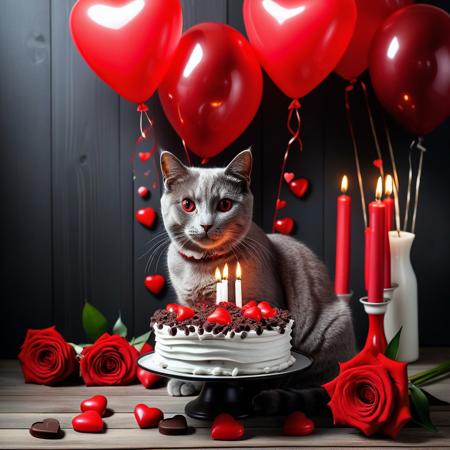 Cat grey with a black forest cake and lit red candles, wooden table with small chocolate hearts, bouquet of red roses and lily flowers, background of inflated heart-shaped balloons.