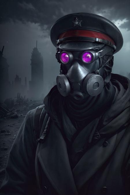 captain_zee  officer, uniform suit, peaked cap, gas mask, night goggles, cloth cloak