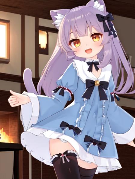 <lora:Milk-re-v1.2-:0.7> masterpiece, 1girl, cat ears, cat tail, brown eyes, light purple hair, blue dress, black thighhighs, long sleeves, black bow, hair bow, frills, fur-trimmed dress, fur-trimmed sleeves, bell, jingle bell, indoors, open mouth, happy, summer,