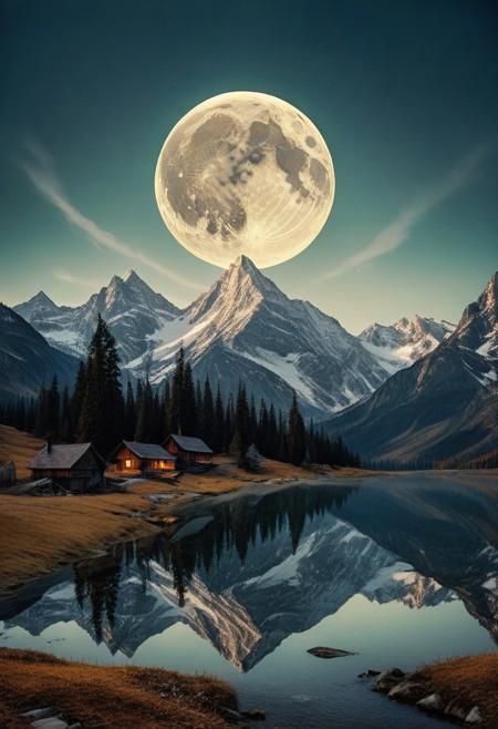 dystopia, mysterious, godlike, scary, reflects the moon’s luminescence.  snowy mountains reflects the moon’s luminescence. incorporate elements that evoke a sense of magic and mystery. intricately detailed, complex, elegant, expansive, fantastical, film photography style, light grain,