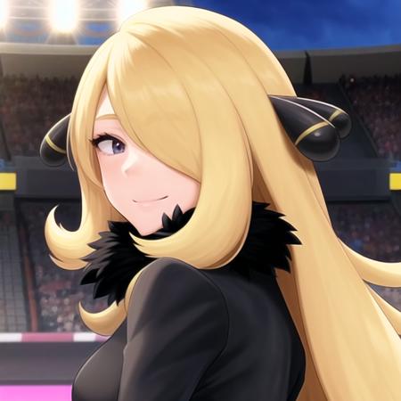 <lora:character_pokemon_cynthia_v3:0.7> (stadium), night, 1girl, character_pokemon_cynthia, solo, portrait, straight-on, from side, hair over one eye, looking at viewer, smile, closed mouth, fur-trimmed coat, fur collar, hair ornament