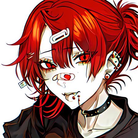 <lora:kuroumemodoki-style-09:1>,1girl, red hair, earrings, piercings, bandaid