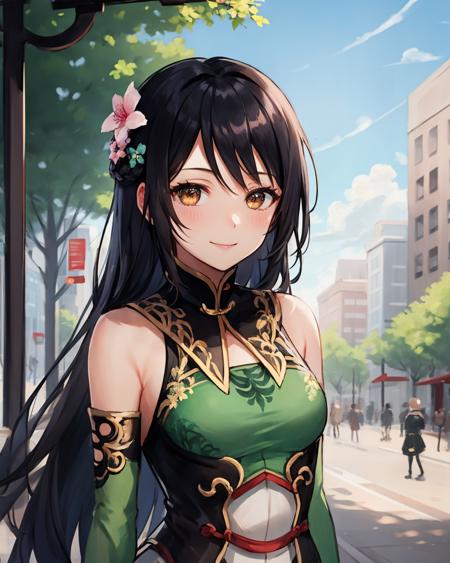 best quality, (masterpiece:1.2), illustration, absurdres,
(1girl, solo), (beautiful detailed girl),
<lora:GuanYinping-08:0.7>, Guan Yinping, black hair, brown eyes, hair ornament, hair flower, small breasts,
green top, bare shoulders, black collar, black corset, red skirt, fingerless gloves, green boots,
city marketplace, fountain, buildings, trees, day, sky, clouds, sun,, arms behind back, (upper body, portrait),,
looking at viewer, confident,  smile,