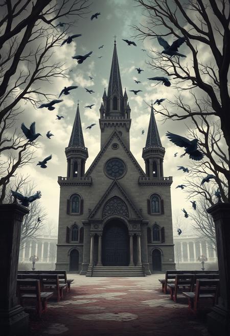 abandoned church, gothic style, magical, crows, anime style