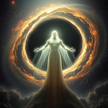 A majestic godly figure with a towering, ethereal form, lacking any facial features, emanating a powerful divine light. The figure's silhouette appears translucent and radiant, blending seamlessly with the vastness of outer space. Surrounding the figure is the endless cosmos, filled with distant stars, swirling nebulas, and cosmic dust. At the figure's back, a massive black hole dominates the background, its gravitational pull twisting light and drawing nearby stars into a spiraling vortex. The divine glow from the figure contrasts with the darkness of the black hole, creating an otherworldly ambiance that emphasizes the god's cosmic presence and mysterious power.