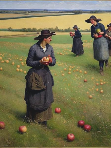 <lyco:JulesBastien-Lepage:1.0> a painting of women with apples in a field, in the style of jules bastien-lepage, realism with a touch of expressionism, nacho carbonell, depictions of labor, anton mauve, creative commons attribution, dark gray and bronze