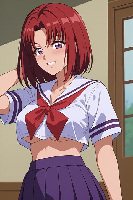 Hasegawa Hanako, miniskirt, pantyhose, school uniform, exposed midriff, red hair, long hair, absolute cleavage, shitapai, 