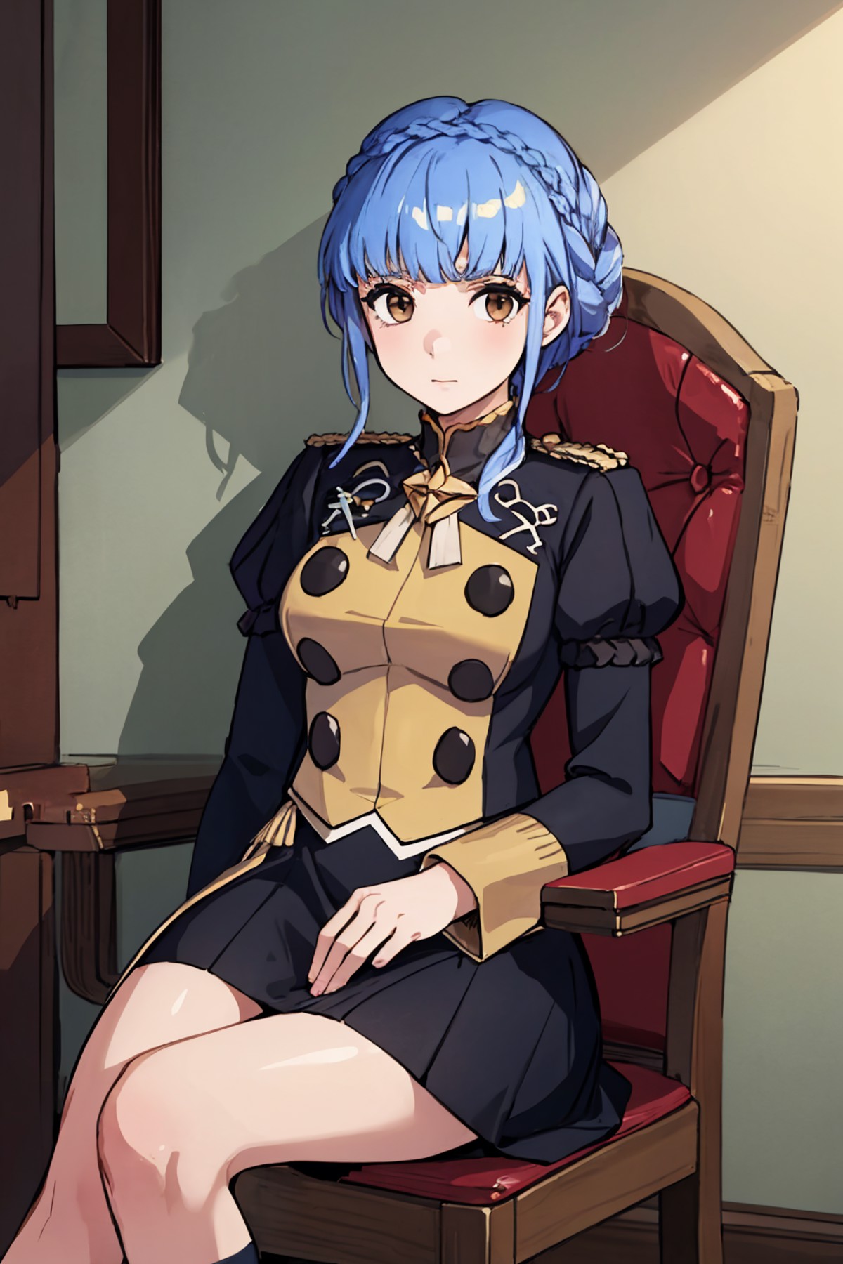 (masterpiece, best quality:1.2), solo, 1girl, marianneuniform, shy, looking at viewer,  sitting, chair, crown braid, unifo...
