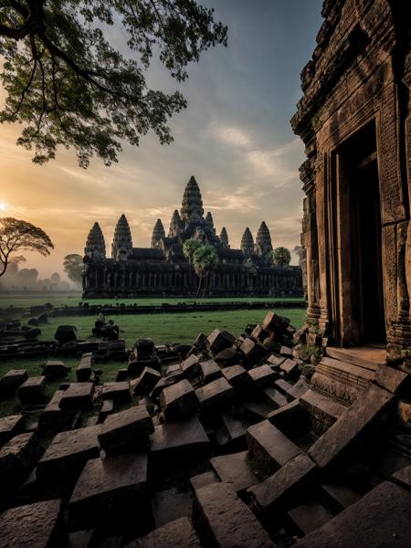 langscape of angkorwat at dawn, monk, ruins, temple, statue, most, tree, root, stone, epic, dim light <lora:ARWangkorwat:1>, <lora:add_detail:0.5>