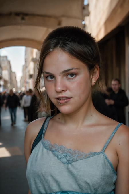 <lora:Mari:0.8>, full color portrait of a young woman, wearing a dress, in a crowded street, natural light, RAW photo, subject, 8k uhd, dslr, soft lighting, high quality, film grain, Fujifilm XT3