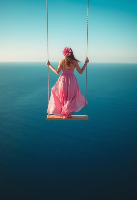 A serene and surreal scene featuring a woman standing on a swing suspended high above the vast, empty ocean.  The woman is dressed in an elegant, flowing pink dress with a dahlia flower in their open long hair, adding a touch of vibrant color against the calm blue backdrop of the sea and sunny, warm sky.  The dress is long and flowing in the wind.