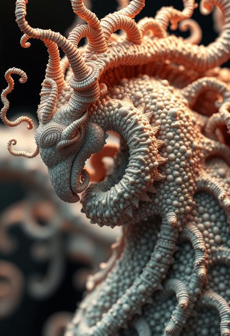 close up dof render of a mythical creature made of detailed spiraling fractals and tendrils, detailed recursive skin texture