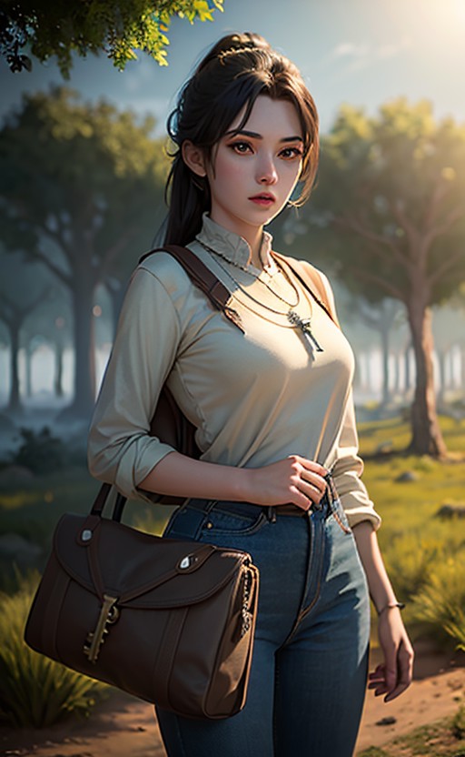 a Hyper realistic image of a 18year old girl wearing a bag holding an Ancient key In a forest, 32k, High Quality, Vibrant ...
