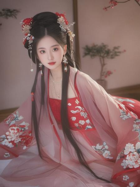 a girl in traditional dress while with a flowered design on it,1girl, solo, long hair, black hair, hair ornament, long sleeves, holding, jewelry, upper body, earrings, hair bun, Chinese clothes, red dress, realistic， looking at viewer, in the bedroom