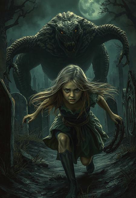 n a dark and foreboding graveyard, a monstrous beast flees from the fury of a young woman. Long blonde hair flows in the night air as she chases it, her piercing eyes filled with anger and determination. Tears stream down her face, yet she remains unwavering in her pursuit. dark theme, The horror theme is palpable; an atmosphere of dread hangs heavy in the air. A graveyard full of ancient tombstones looms ominously behind them, adding to the surreal scene. Amidst all this chaos and terror, there is an undeniable sense of bravery emanating from this determined heroine.