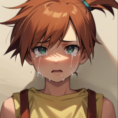 beautiful, masterpiece, best quality, extremely detailed face, perfect lighting, 1girl, solo, green eyes,  <lora:Misty:0.9>, yellow shirt, crop top, suspenders,  suspender shorts, portrait, crying, crying with eyes open