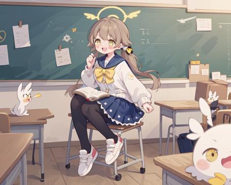 <lora:hifumi-t94-e6:1>
ajitani hifumi
, 1girl
, school uniform, halo, [yellow eyes, long sleeves,  low twintails, light brown hair, black pantyhose:4]
, :d
, full body, [medium breasts:large breasts:4], solo, [sneakers:2].
classroom.
close-up.