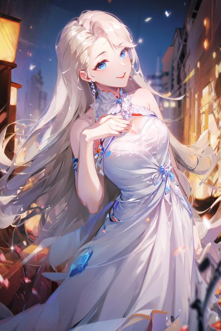 (best quality, high definition, masterpiece:1.2,), Illustration, night, 1girl, (wedding dress), arm behind back, waiting for kiss, looking at viewer, happy,  <lora:EileenV3:1>