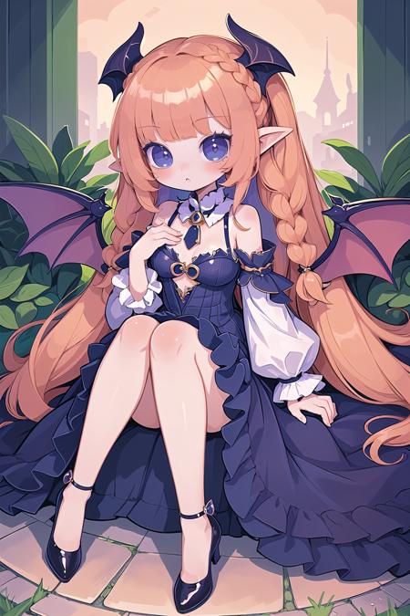 (masterpiece, best_quality, ultra-detailed, immaculate:1.3), epic, illustration, 1girl, (revealing Europunk:1.3) cute succubus, wings, full body, [:colorful costume design,:0.2], official art, light caucasian skin, studio vivid blue lighting , in a orderly courtyard, bombshell hair, peach hair, low-braided long hair, own hands together<lora:EnvyCuteMix11:1>